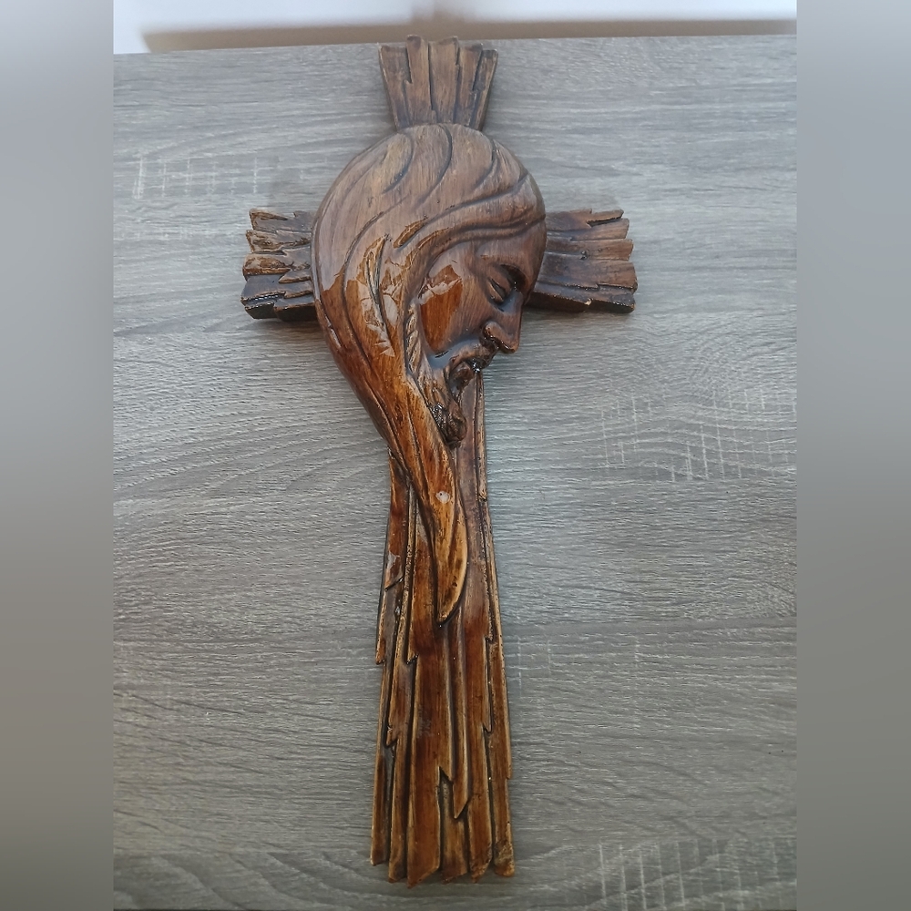 Vtg 19" Handmade Pottery Clay Cross w/ Side Profile of Jesus - Picture 7 of 16